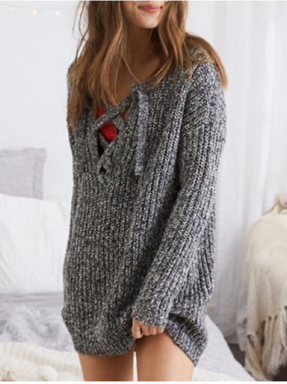 NWT Aerie Oversized Lace Up Grey Sweater
